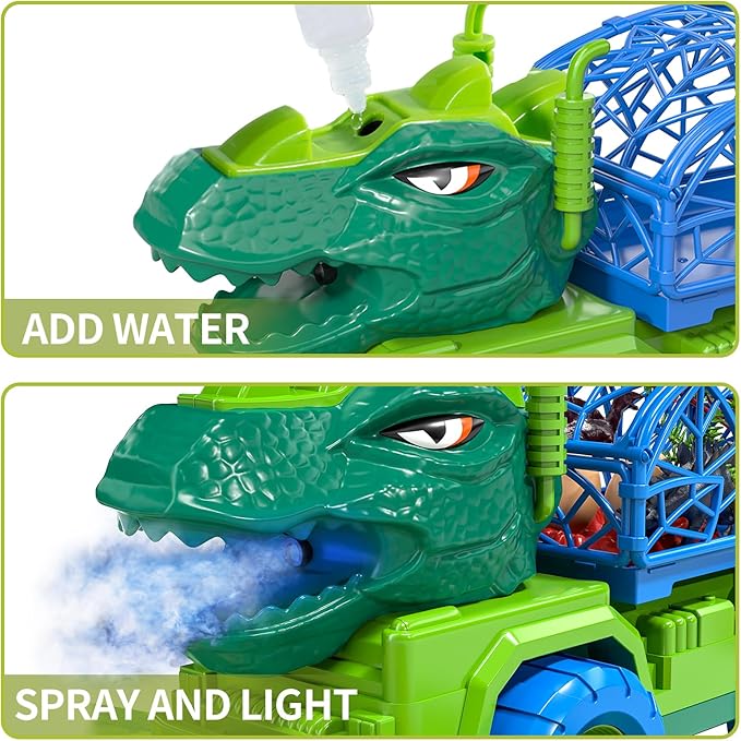 TEMI Dinosaur Truck Toys for Kids 3-5, Tyrannosaurus Transport Car Carrier Truck with Spray, 8 Dinosaur Figures, 3 Cars and 6 Eggs, Gifts for Boys and Girls 3 4 5 6 7