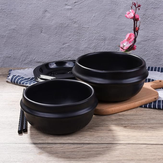 Korean Stone Bowl with Tray, Premium Ceramic Hot Pot for Bibimbap Soup, 27oz Small