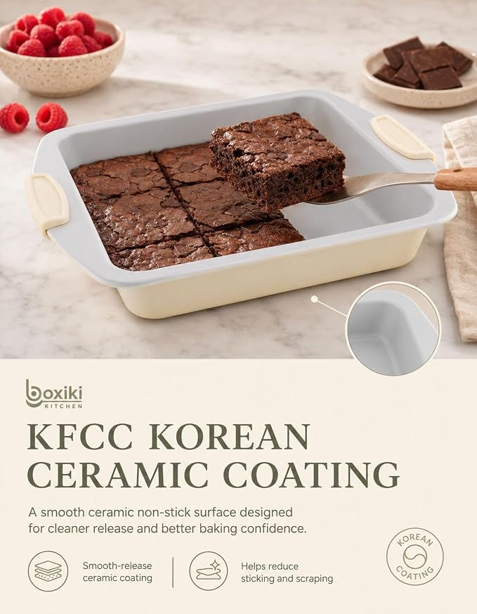 Boxiki Kitchen Ceramic Square Cake Pan, 12x10x2 Inch Aluminized Steel Baking Pan, KFCC Korean Ceramic Coated Nonstick Bakeware, Heavy Duty Oven Safe to 550°F, Easy Release & Clean Baking Pan
