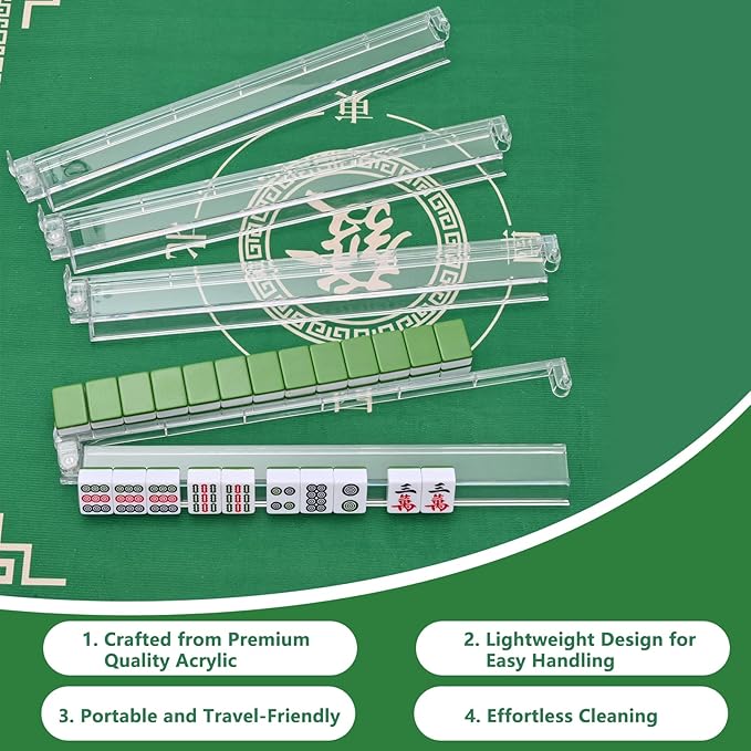 Mahjong Racks with Pushers, All-in-One Mahjong Tile Pushers and Racks with 3 Dices, Modern American Tile Set of 4 (Clear)