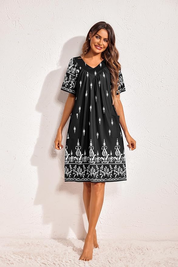 Ekouaer Womens House Dress Floral Print Nightgown with Pockets Mumu Dress
