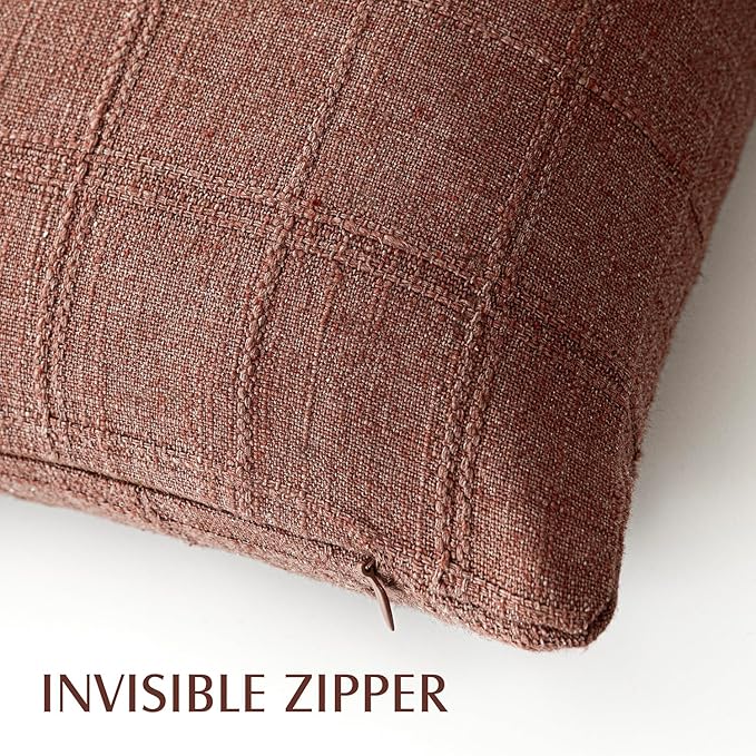 Foindtower Set of 2 Decorative Linen Check Throw Pillow Covers Neutral Farmhouse Vintage Cushion Covers Modern Boho Home Decor for Sofa Chair Couch Bedroom Living Room,20×20 Inch,Autumnal Red
