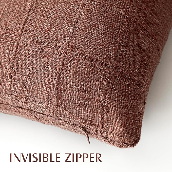 Foindtower Set of 2 Decorative Linen Check Throw Pillow Covers Neutral Farmhouse Lumbar Cushion Covers Modern Boho Home Decor for Sofa Chair Couch Bedroom Living Room,12×20 Inch,Autumnal Red