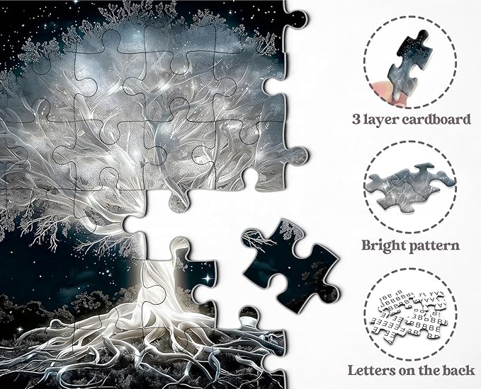Glowing Tree of Life Puzzle for Adults 1000 Pieces, Fantasy Forest White Tree Under Starry Night Sky Scene Jigsaw Puzzle, Nature Landscape Puzzle, Hard Challenging Puzzles for Adults