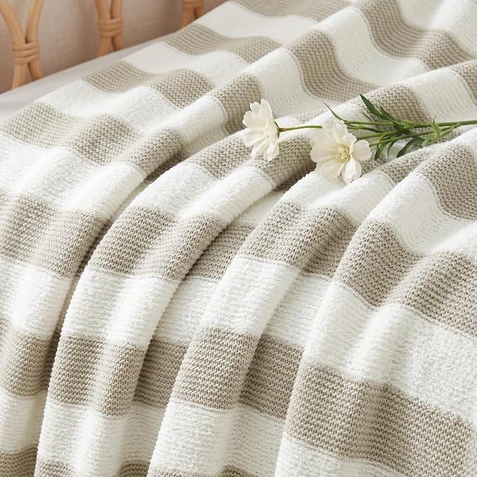 Soft Throw Blanket for Couch-Cozy Reversible Knitted Blankets | Lightweight Warm Fluffy Decor for Women, Mom, Her & Girls, Sofa, Chair, Bed, 50x60in, Feather Yarn Khaki