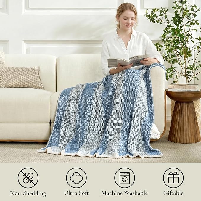 Amélie Home Premium Chenille Throw Blanket, Soft Cozy Luxury Two-Tone Knit Blanket for Couch, Sofa, Chair, Home Decor, Blue & Ivory 50"x60"