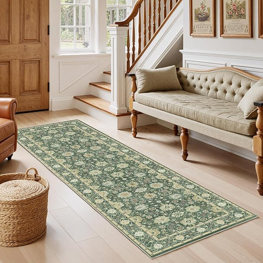 AMADA HOMEFURNISHING 2x6 Washable Entry Rug, Vintage Non-Slip & Low-Pile Kitchen Area Rug for Hallway Bathroom Door Mat Indoor Entrance, Olive Green