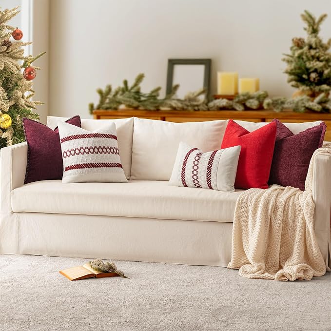 MIULEE Decorative Couch Throw Pillow Covers 18x18 Inch Burgundy Red 2 Pack | Farmhouse Pillow Covers with Stitched Edge, Soft Chenille Cushion Cases, for Sofa Bed Living Room Home Decor