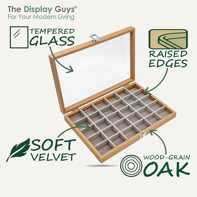 Wooden Travel Jewelry Box w. Tempered Glass Display Lid - Earrings Storage - 30-Compartments Velvet Organizer (Natural Oak) by The Display Guys