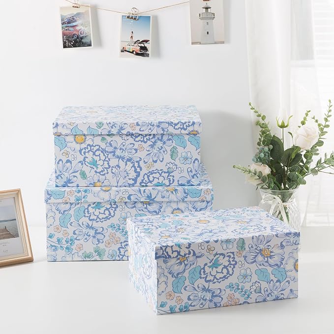 Soul & Lane - Sky Meadow Decorative Storage Boxes with Lids, Set of 3 | Floral Paperboard Nesting Containers for Keepsakes, Memories and Photos, Large Gift Set Boxes for Presents and Decor
