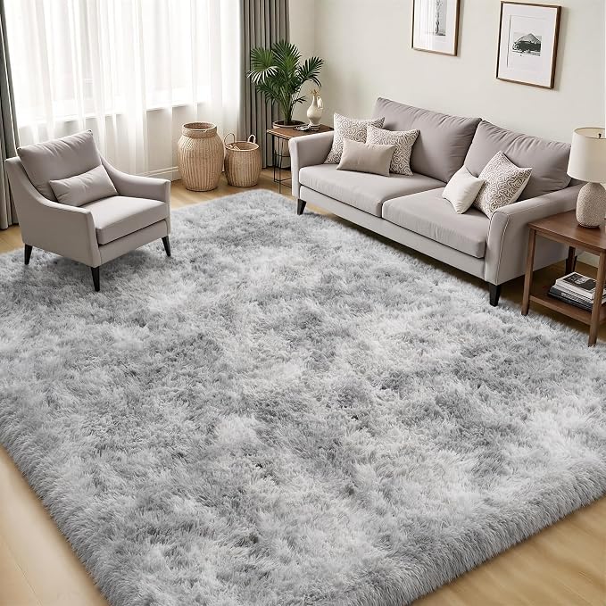 Area Rug for Living Room Bedroom: 6x9 Light Grey Soft Fluffy Shag Upgrade Non-Slip High Pile Carpet Large Fuzzy Plush Indoor Floor Decor Shaggy Rug for Kid Boys Girls Playroom Nursery Modern Home