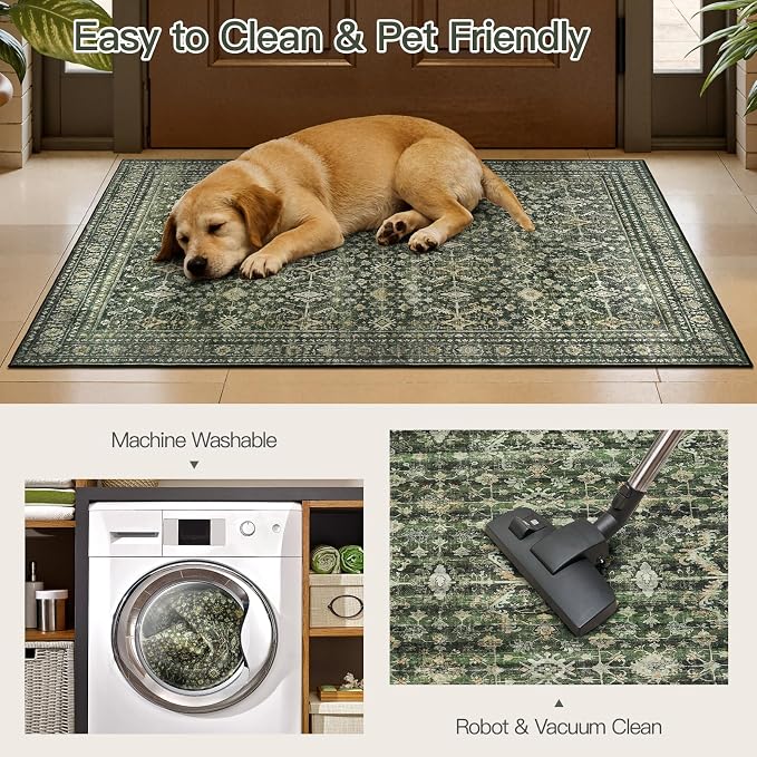 2x4 Area Rugs for Entryway Bathroom, Green Washable Kitchen Mats for Floor | Soft Door Mat Indoor Entrance, Farmhouse Carpet for Entry Living Room Bedroom, Stain Resistant, Low Pile, Vintage Rug
