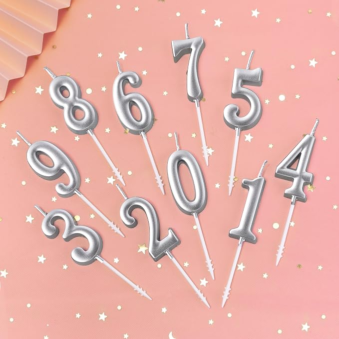 PHD CAKE 10-Pieces Silver Numeral Birthday Candles, Cake Numeral Candles Number 0-9 Glitter Cake Topper Decoration for Birthday,Wedding Anniversary,Party Celebration