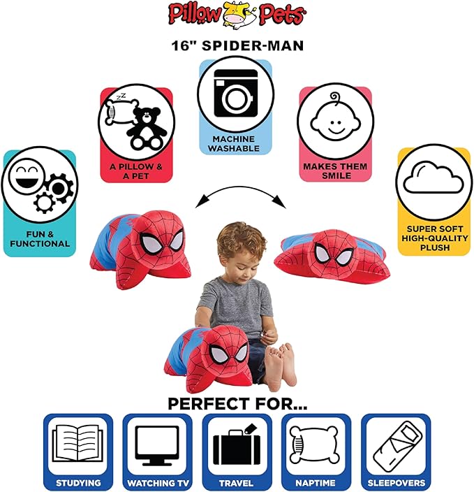 Pillow Pets 16 inch Spider-Man Plush Toy, Marvel Disney Stuffed Animal