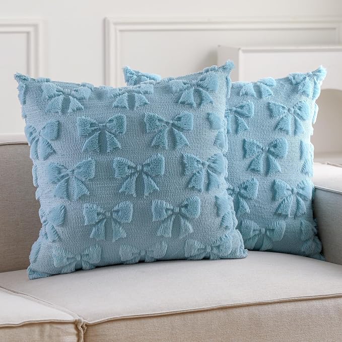 Mixweer Blue Bow Pillow Covers Set of 2 Preppy Room Decor Coquette Cute Spring Summer Decorative Faux Fur Soft Bowknot Stuff Fluffy Plush Aesthetic Pillowcase for Bed Sofa Couch (20 x 20 Inch)