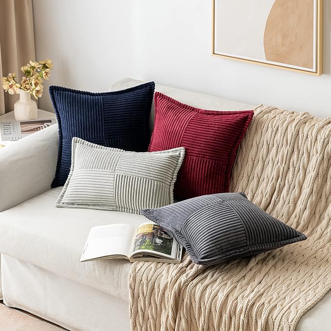 MIULEE Decorative Throw Pillow Covers for Couch 12x12 Inch Navy Blue 2 Pack | Boho Broadside Striped Patchwork Pillow Covers, Soft Corduroy Cushion Cases, For Sofa Bed Livingroom Home Decor