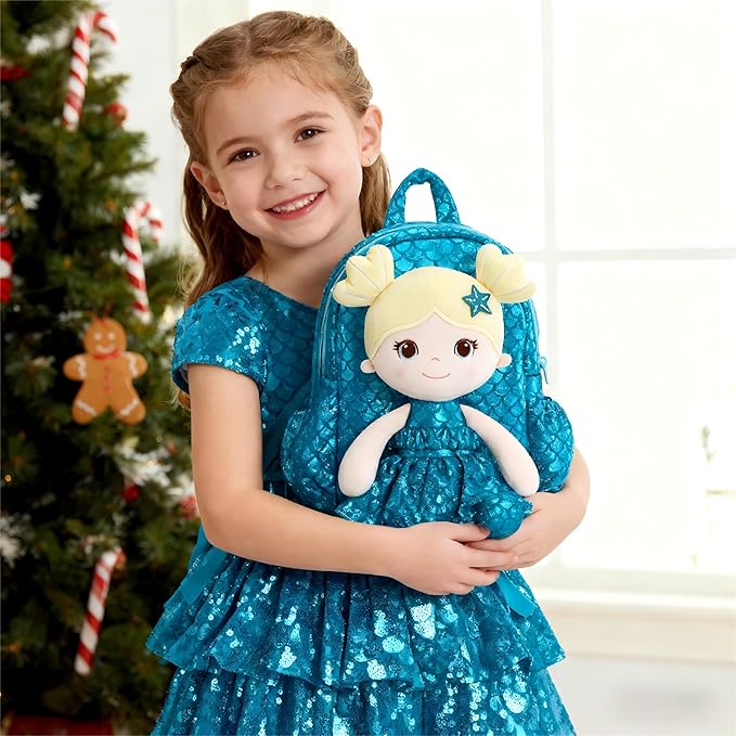 Lazada Toddler Backpack - Baby Girl Gifts Plush Doll Dress Backpack - Fashion Girls Tina Fish Scale Series - Blue 11Inches