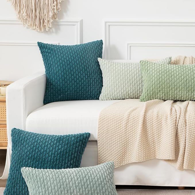 Kevin Textile Soft Corduroy 14"x20" Lumbar Pillow Cover 1 Pack, Teal Blue | Boho Stripe Plush Corduroy Decorative Oblong Cushion Cover Modern Farmhouse Home Decor for Sofa Couch Bed Chair