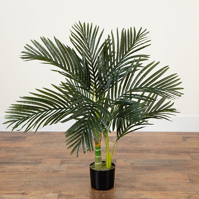 Nearly Natural 3ft Golden Cane Palm Tree - Artificial Tropical Tree with Realistic Green Fronds and Bamboo-Like Trunk, Includes Nursery Planter for Indoor Décor