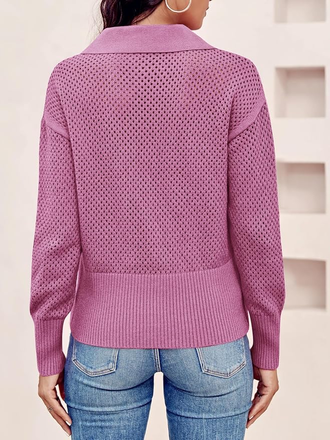 Doshoop Womens Summer Crochet Sweaters Long Sleeve Hollow Out Knit Half Zip Lapel Collar Pullover Tops