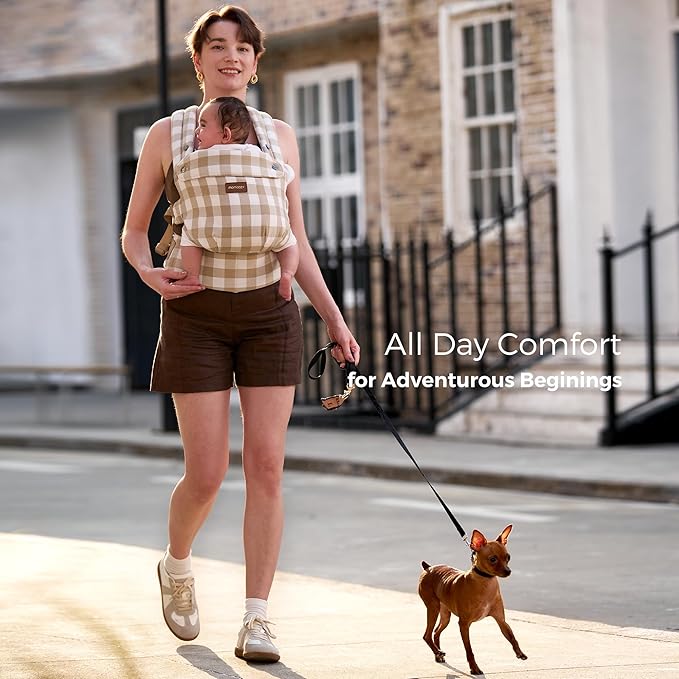 Momcozy Baby Carrier - Ergonomic, Cozy and Lightweight Carrier for 7-45lbs, Effortless to Put On, Ideal for Hands-Free Parenting, Enhanced Lumbar Support, Brown Checkerboard