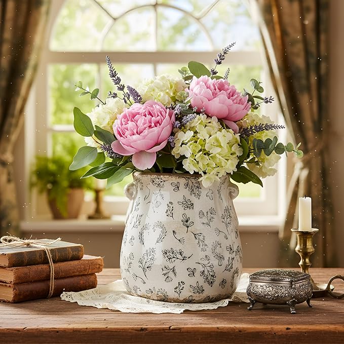 Ceramic Scroll Planter 6.5 Inch Chinoiserie Floral Vase with Drainage Holes Vintage Flower Vase Flower Pot Rustic Ceramic Pots for Indoor Plants Garden Home Bookshelf Decor(Leaves)