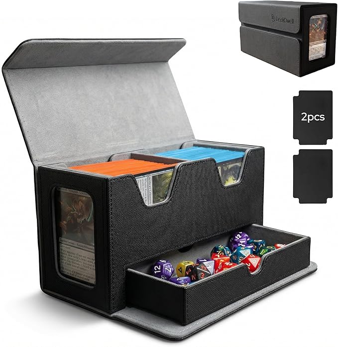 Card Deck Box Fits 200+ Double Sleeved，Commander Deck Box for Magic the Gathering with Dice Tray & Toploader Display,2 Dividers