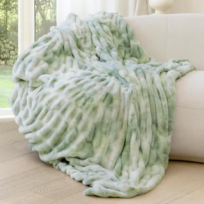 Ultra Soft Cozy Faux Fur Throw Blanket, Fuzzy Plush Thick Bubble Blanket, Luxury Fluffy Blanket for Couch, Sofa, Bedroom, and Living Room, 50x60 Inches,Tie-Dye Sage