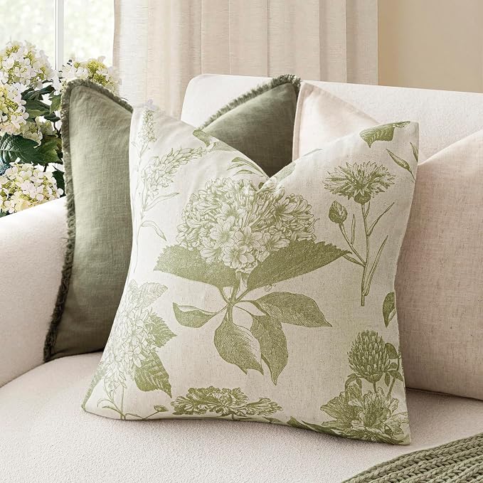 Foindtower Set of 2 Linen Floral Throw Pillow Covers Vintage Accent Print Decorative Cozy Cushion Covers Farmhouse Boho Home Decor for Sofa Chair Couch Bedroom Living Room,24×24 Inch,Light Green