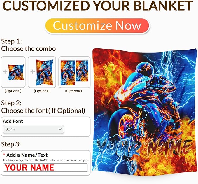 Boys Blanket Personalized Motorcycle Throw Blankets Gift for Kids Teens, 40x50 Inches Lightweight Cozy All Season Custom Throw for Sofa Chair Bed Office Home Decor