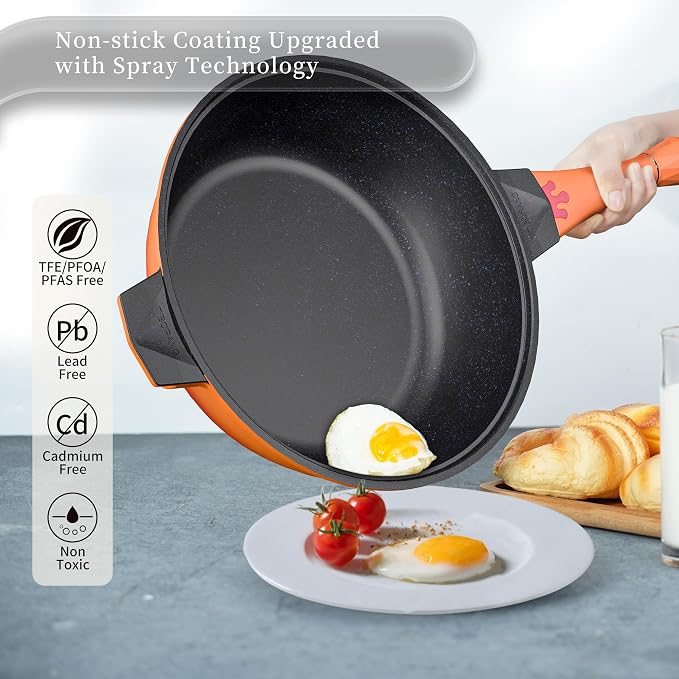 TIBORANG 11 Inch Nonstick Frying Pan with Lid,8-in-1 Multipurpose Cookware | 5 Qt Deep Sauté Pan Skillet with Steamer, PFOA-Free, Dishwasher & Oven Safe, Induction Compatible, Stay-Cool Handle,Tangerine