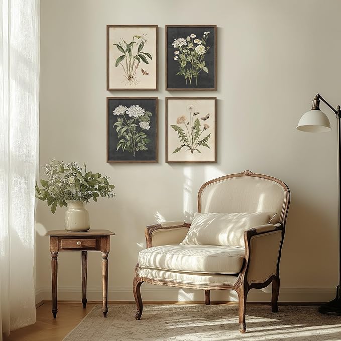 Framed Vintage Botanical Floral Wall Art for Bathroom, 4 Piece 8x10 In | Farmhouse wall decor, Flower pictures, Rustic retro paintings, Ready to hang canvas prints, Kitchen bedroom home decor
