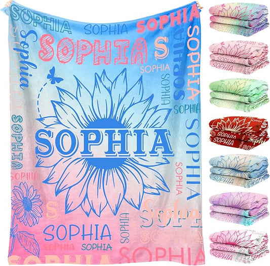 Personalized Name Blanket with Sunflower, Custom Blanket with Name for Adults, Customized Soft Throw Blanket, Personalized Gifts for Birthday Christmas for Women Men