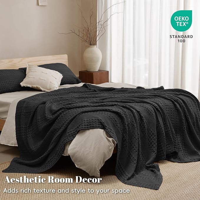 PHF 100% Cotton Waffle Weave Blanket King Size, Lightweight Breathable Summer Blanket for Hot Sleepers, Pre-Washed Soft Layer for Bed, Couch, Home Decor Gift, 108"x90", Black
