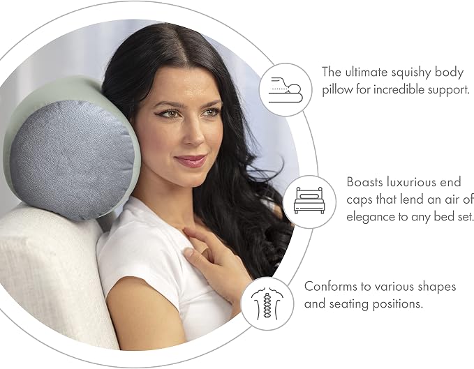 PILLOWY Microbead Bolster Neck Roll Pillow, Gently On Body, Head, Neck & Shoulders No Pain Rest, Relax Sleep - Silky Feel Prevent Wrinkles & Hair Breakage - Lightweight Cylinder, 14" x 8", Mint Grey