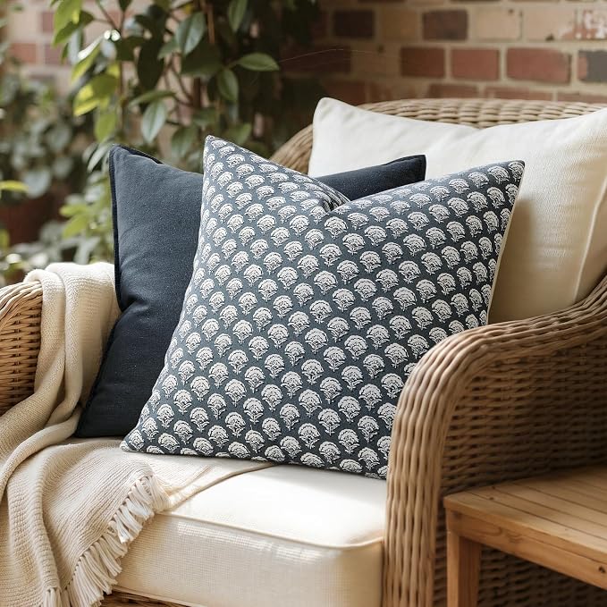 MIULEE Floral Print Decorative Pillow Covers 20x20, Dusty Blue | Vintage Boho Farmhouse Modern Home Decor, Set of 2, Block Print Cushion Covers for Couch Sofa Bed Living Room