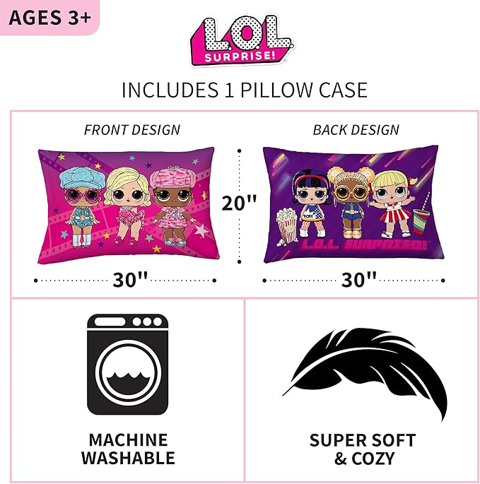 Franco Kids Bedding Super Soft Microfiber Reversible Pillowcase, 20 in x 30 in, LOL Surprise