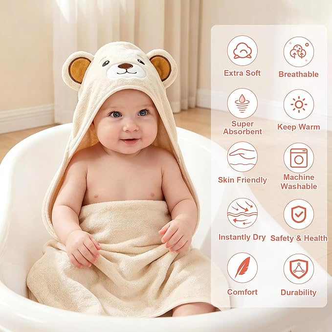 12 PCS Baby Bath Towels Set for Infants Toddlers, 4 PCS Animal Hooded Baby Towels & 8 PCS Washcloths Set, Ultra Absorbent Newborn Bath Essentials Gifts for Boys & Girls