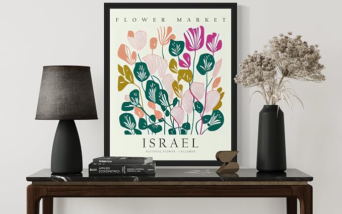 Israel, Cyclamen Art Print Poster, Flower Market Wall Art, Floral Artwork Decor for Bedroom, Kitchen, Bathroom, Livingroom Decoration 52 (Israel, Cyclamen, 14"L x 11"W, Black Frame)