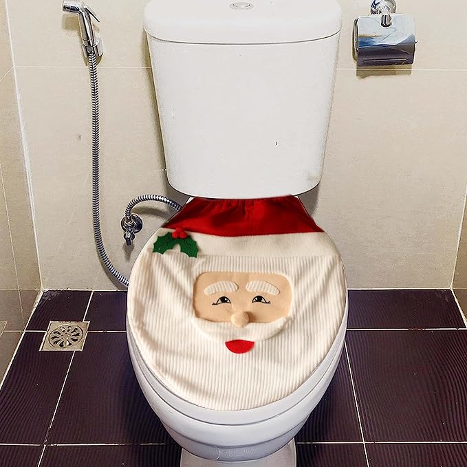 VANTATY Christmas Santa Claus Toilet Seat Cover, Soft Flannel Chair Xmas Toilet Cover, Party Christmas Ornaments Holiday Decor