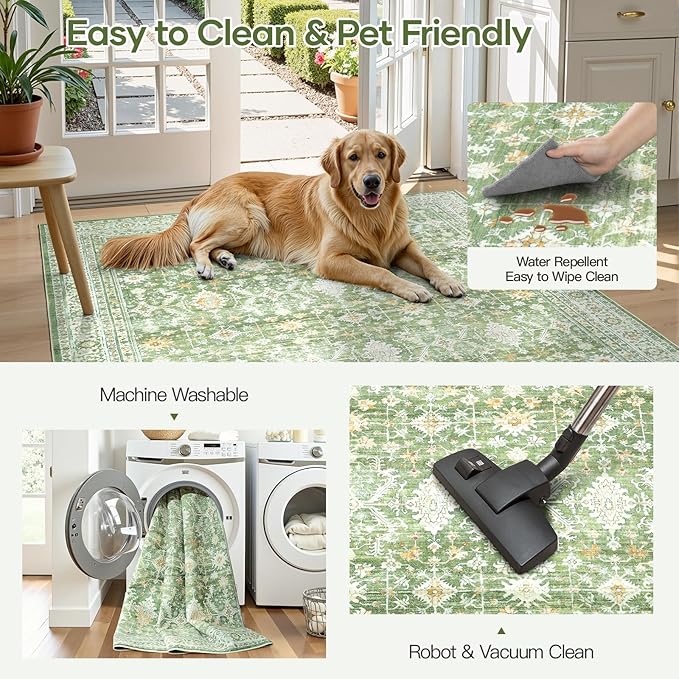 3x5 Area Rugs for Entryway, Non-Slip Washable Rug for Kitchen, Light Green | Low Pile Soft Small Rugs, Vintage-Style Carpet for Bathroom Bedroom Tool Room, Stain Resistant, Low Pile, Distressed Rug