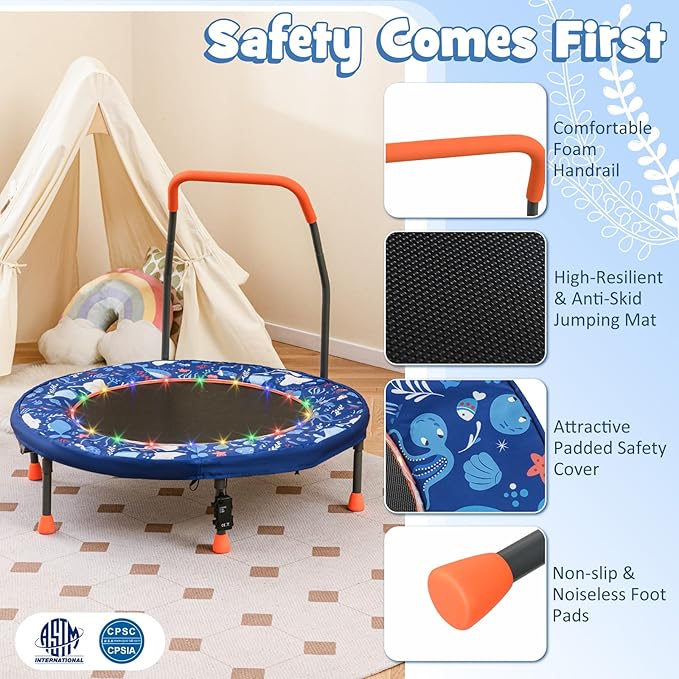 GYMAX 36” Toddler Trampoline with Lights, Folding Springless ASTM Approved Small Kids Rebounder with Foam Handle, Safety Padded Cover & Foldable Legs, Mini Indoor Baby Trampolines