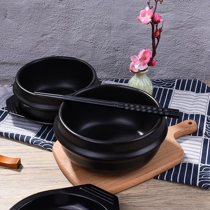 Korean Stone Bowl with Tray - Premium Ceramic Stone Hot Pot for Bibimbap Soup, Stews, and Rice - 37.1 oz Capacity - Dishwasher, Microwave, Oven, and Stovetop Safe
