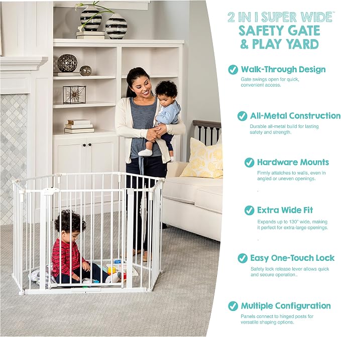 Regalo Safety 56"-130" Super Wide Baby Gate & Play Yard, 2-in-1 Adjustable Safety Gate for Doorways & Bottom of Stairs, Wall Mounted Room Divider, Includes Wall Mount Kit