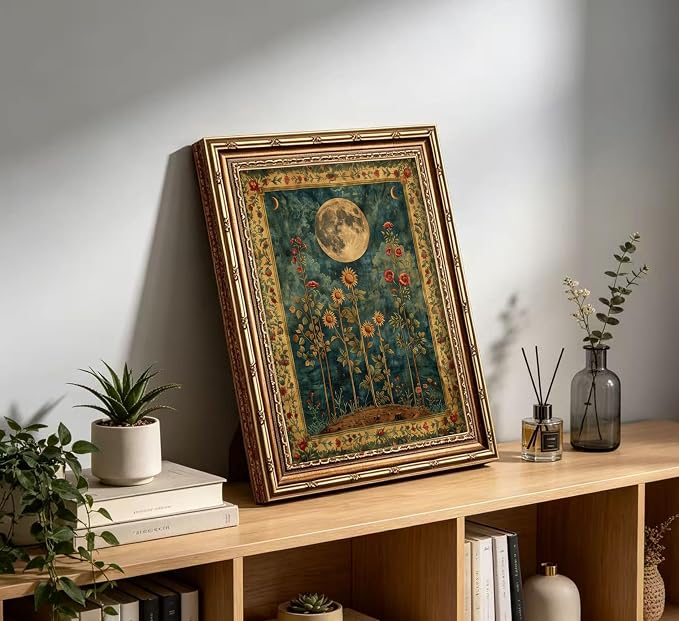 Vintage Gold Framed Celestial Moon Wall Art,Tarot Crescent Moon Painting Canvas Print,Gothic Moody Wildflowers Wall Decor,Dark Academia Vibe Poster Artwork,for Living Room Bedroom Bathroom