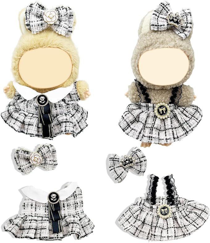 Doll Clothes for Labubu,Cute Outfit for 17cm Doll Clothe 2/3PCS Clothes and Hats Stylish Dolls Clothe for 17 cm Labubu,Casual Style Costumes for Labubu Dolls (White Chaneel Set)