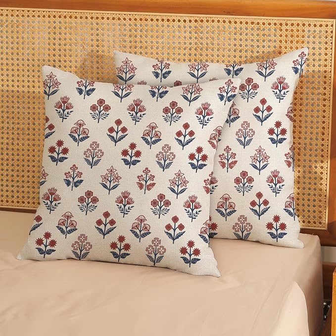 Red Blue Pillow Covers 16x16 Inch Set of 2 Patriotic 4th of July Throw Pillows Vintage Flower Boho Block Print Floral Decorative Pillow Cases Outdoor Linen Cushion Cover for Couch Sofa Decor