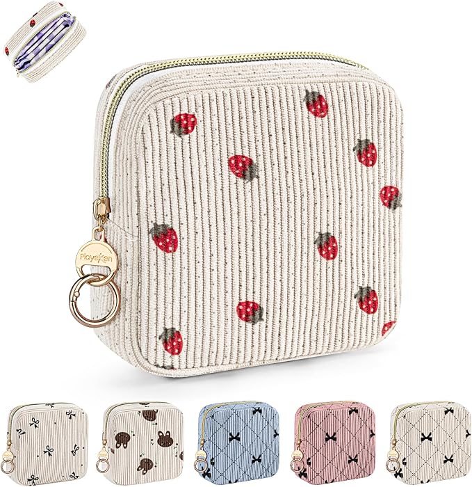 Cute Period Bag for Teen Girls, Corduroy Sanitary Napkin Storage Bag, Menstrual Pad Pouch Tampon Holder for Purse (Strawberry)