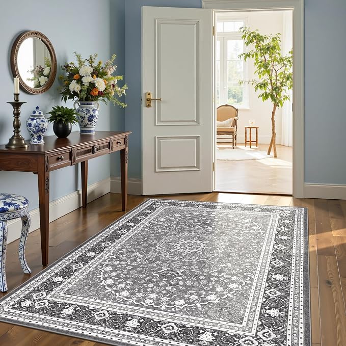 6x9 Area Rugs for Living Room, Washable Non-Slip Rug, Oriental Light Grey | Area Rugs for Bedroom, Low Pile Large Area Rug for Kitchen, Dining Room, Home Office, Vintage Oriental Print Rug