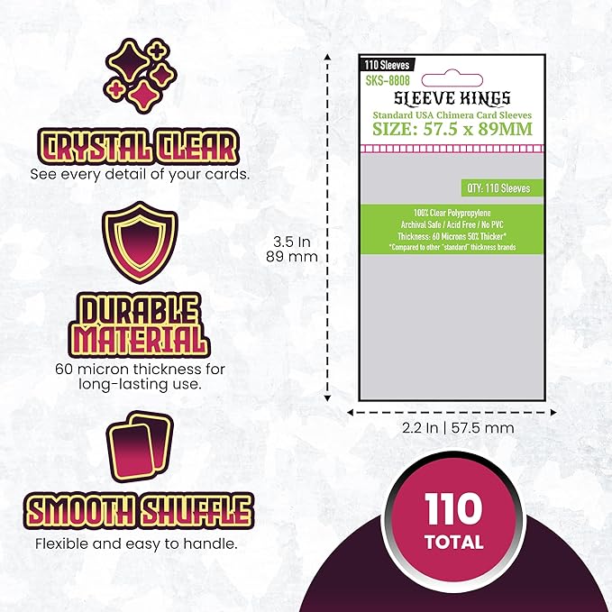 Sleeve Kings Standard Card Sleeves – 110 Count, Clear 60 Micron Thickness, Medium Size (57.5 x 89 mm), Compatible with Wingspan & More – SKU: SKS-8808
